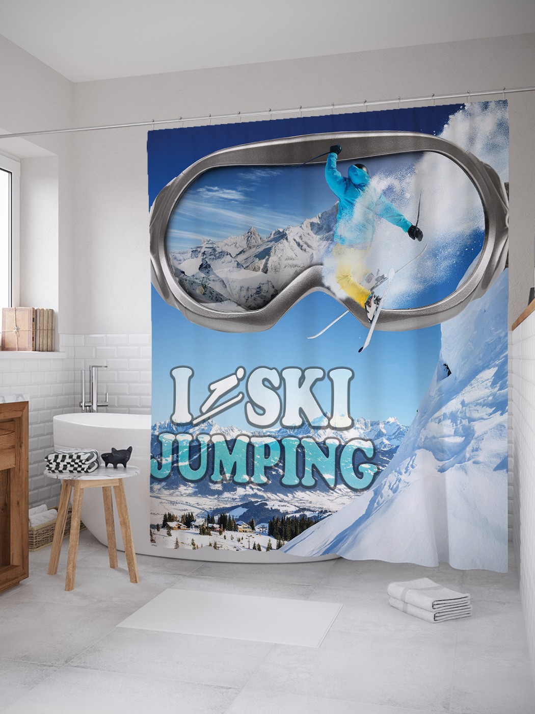 фото Штора для ванной joyarty «лыжные прыжки» из ткани, 180х200 см с крючками