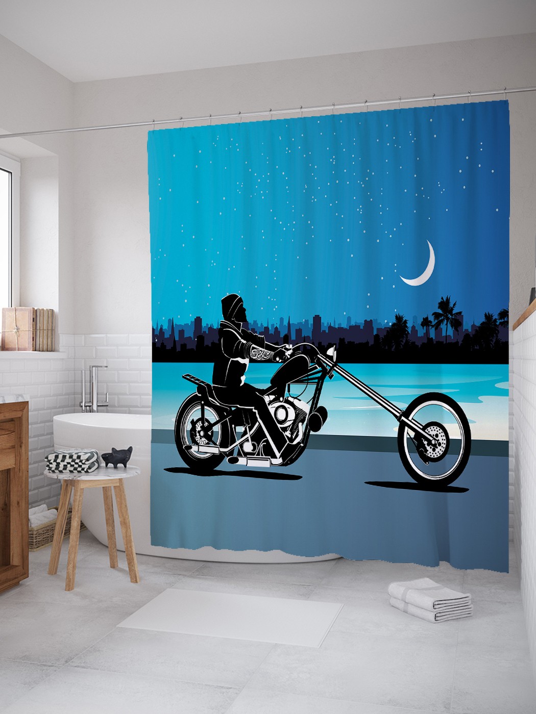 фото Штора для ванной joyarty «на мотоцикле под луной» из ткани, 180х200 см с крючками