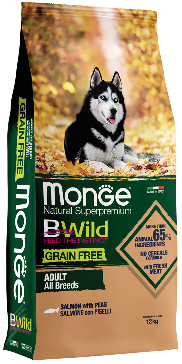 фото Сухой корм для собак monge bwild grain free adult all breeds, лосось и горох, 12кг