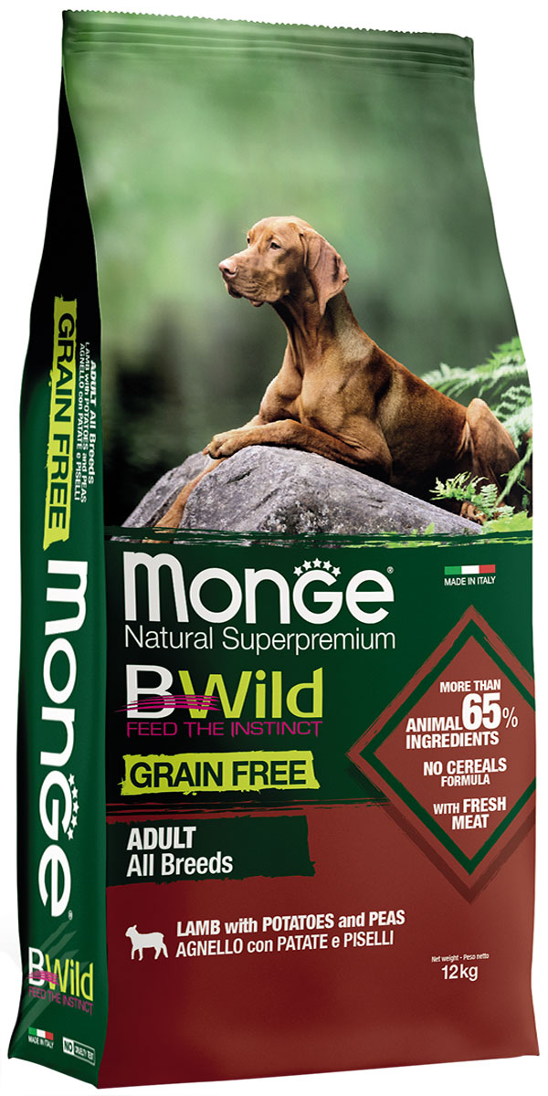 фото Сухой корм для собак monge bwild grain free adult all breeds, ягненок горох картофель 12кг