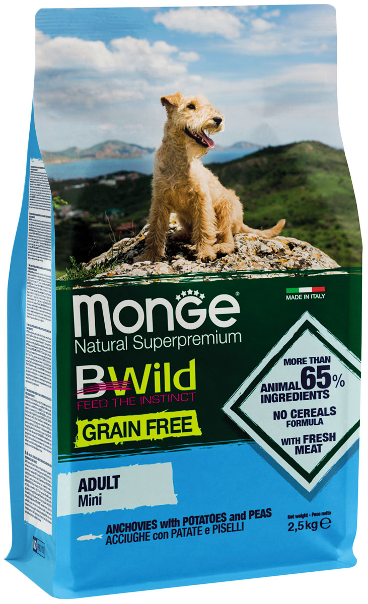 фото Сухой корм для собак monge bwild grain free mini, анчоусы, горох и картофель, 2,5кг