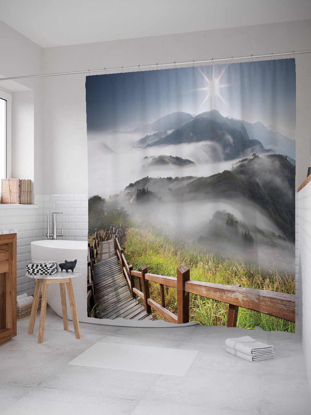фото Штора для ванной joyarty «мост в туманные горы» из ткани, 180х200 см с крючками