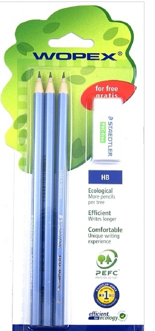 

Карандаш чернографитовый WOPEX HB, 3 шт. с ластиком