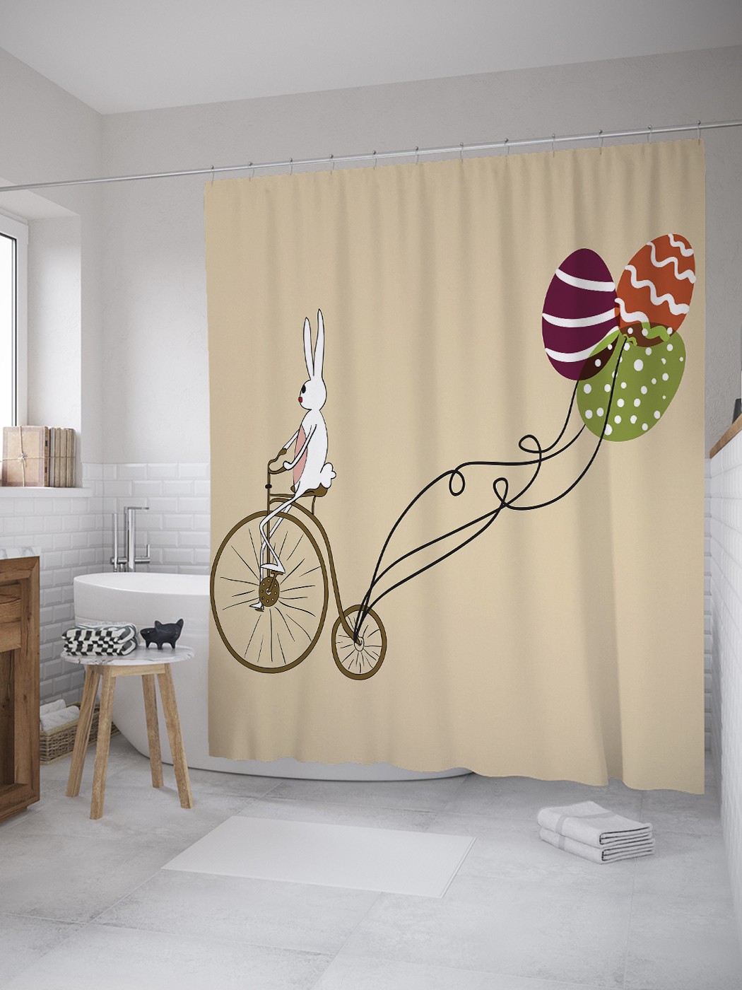 фото Штора для ванной joyarty «пасхальный велосипед» из ткани, 180х200 см с крючками