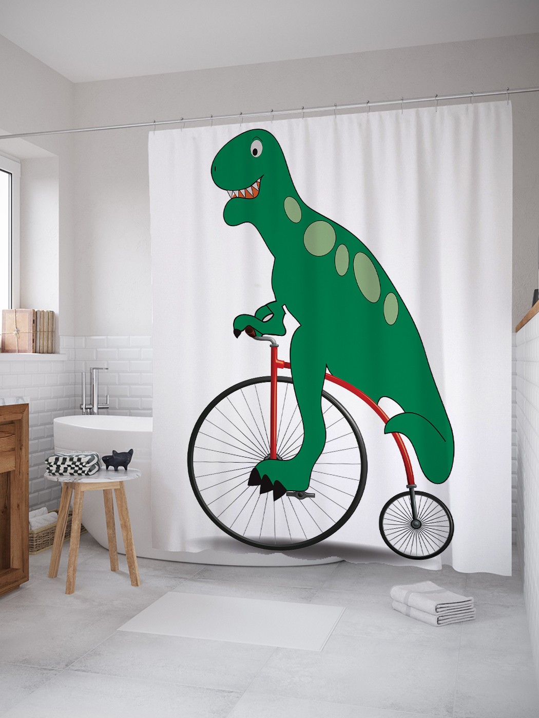 фото Штора для ванной joyarty «динозавр на велосипеде» из ткани, 180х200 см с крючками