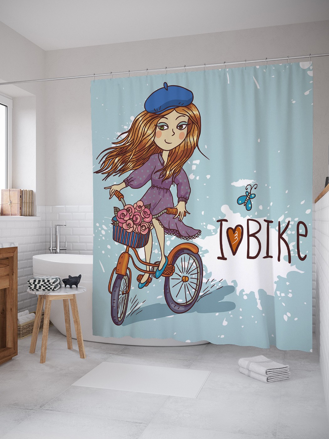 фото Штора для ванной joyarty «девушка на велосипеде» из ткани, 180х200 см с крючками