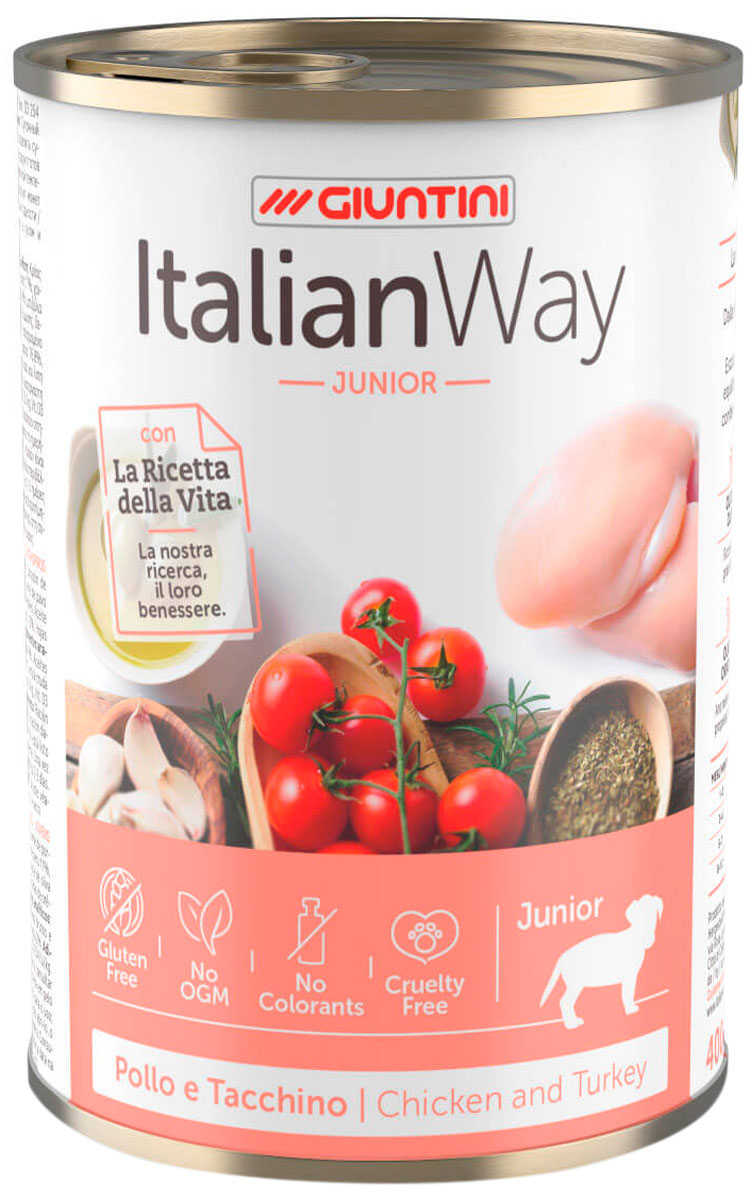 

Консервы для щенков Italian Way Junior, с мясным ассорти, томатами и рисом, 12шт по 400г, Junior