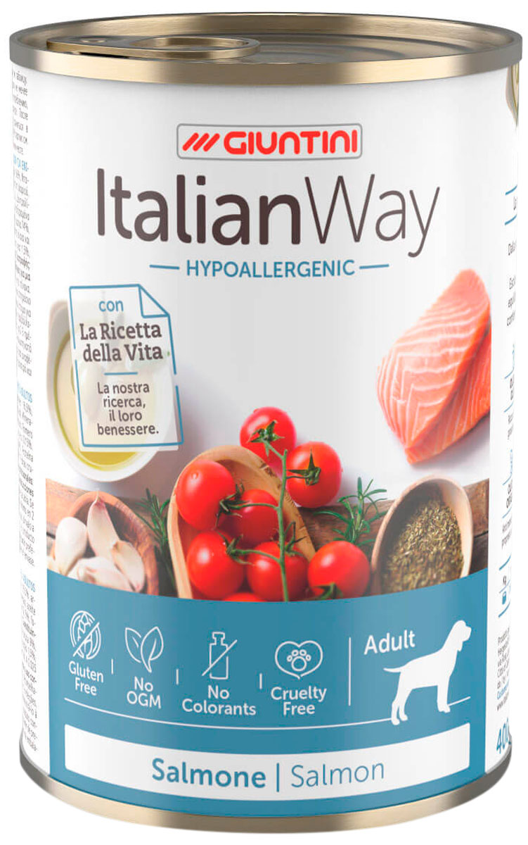 

Консервы для собак Italian Way Adult Hypoallergenic с лососем томатами рисом 12шт по 400г, Adult Hypoallergenic