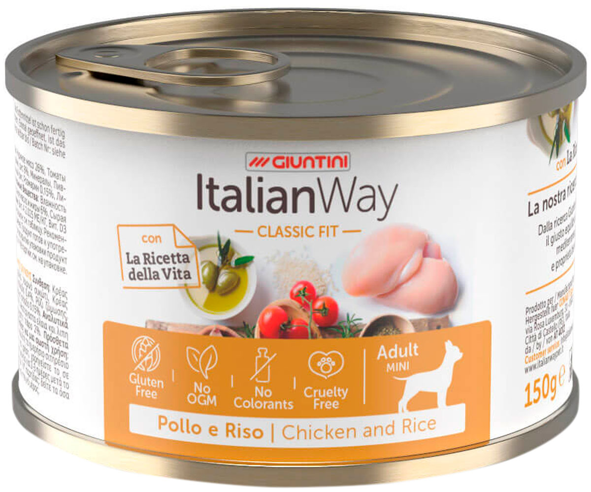 фото Консервы для собак italian way adult, безглютеновые, с курицей, томатами и рисом, 150г