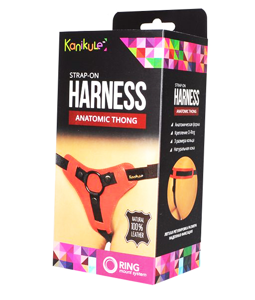 фото Красно-чёрные трусики для фиксации насадок кольцом kanikule leather strap-on harness