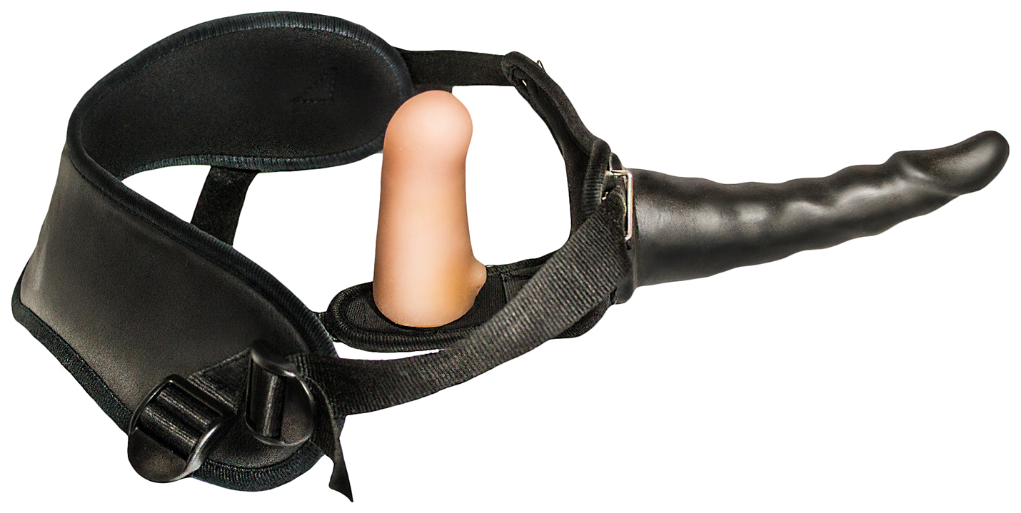 Женский страпон с чёрной насадкой и вагинальной пробкой 17,5 см