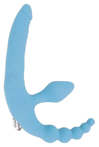 Голубой безремневой страпон с анальным отростком и вибрацией 15 см