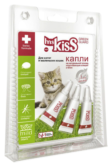 Капли против паразитов для кошек и котят весом до 2 кг Ms. Kiss Green Guard, 1 мл, 3 шт