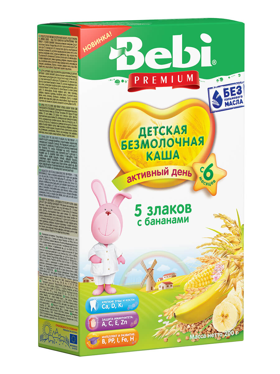 фото Безмолочная каша bebi premium 5 злаков с бананами с 6 мес., 200 г