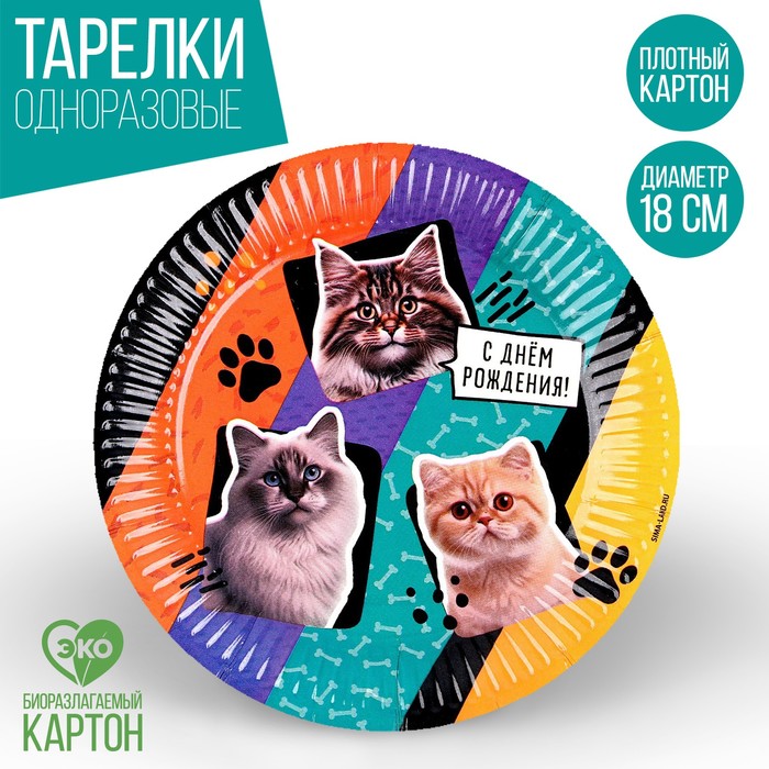 

Тарелка бумажная «С днем рождения. Коты», 18 см (10 шт.), Разноцветный