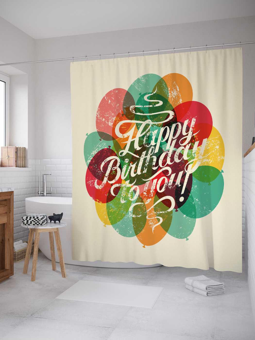 

Штора (занавеска) для ванной JoyArty "С днем рождения!" из сатена, 180х200 см с крючками, Серый