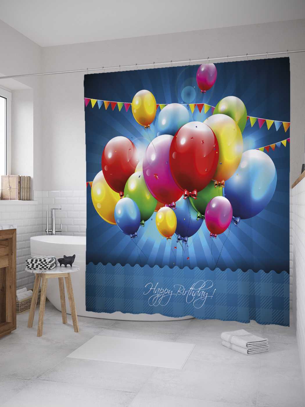 

Штора для ванной JoyArty "Именинные воздушные шары" 180х200 см с крючками, Разноцветный
