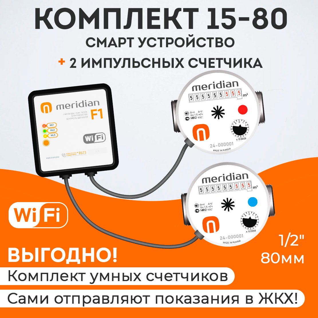 Умные счетчики Meridian с модулем Wi-Fi (контроллер + 2 счетчика)