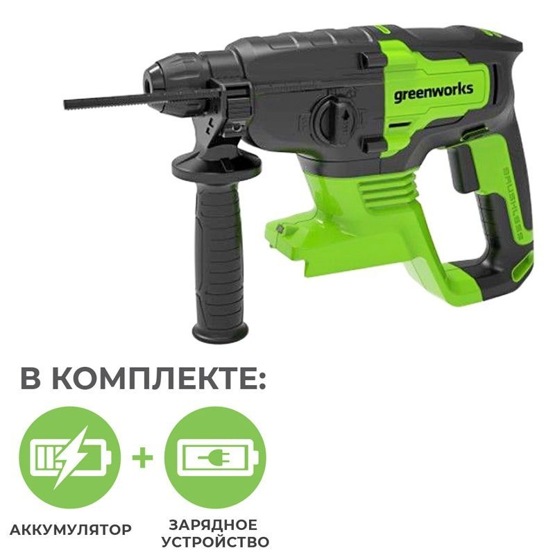 фото Перфоратор аккумуляторный бесщеточный greenworks gd24sds2 2 дж, 24v, c 1хакб 4 а.ч и зу в