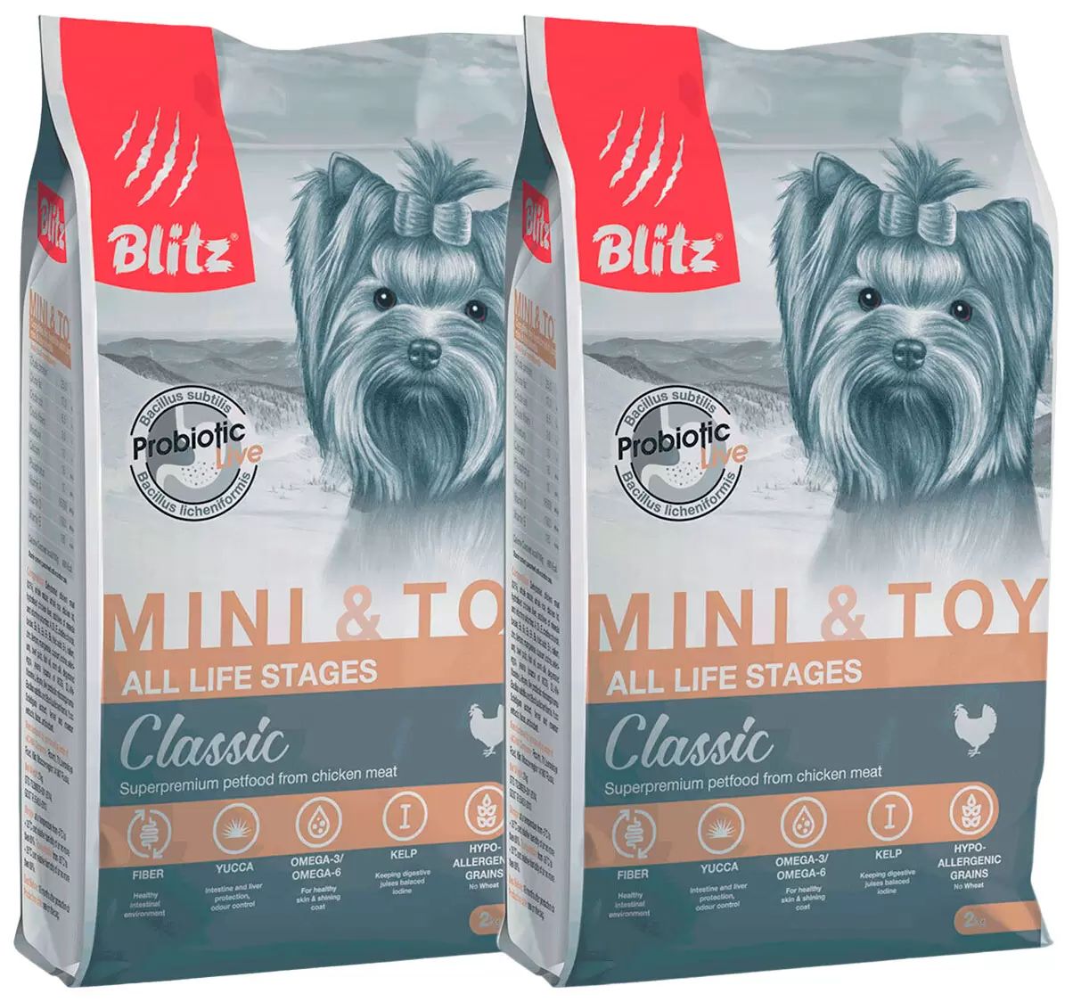 Сухой корм для собак BLITZ CLASSIC ADULT MINI & TOY BREEDS CHICKEN, курица, 2шт по 2кг