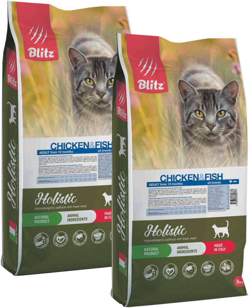 

Сухой корм для кошек BLITZ HOLISTIC LOW-GRAIN ADULT CAT с курицей и рыбой, 2шт по 5кг