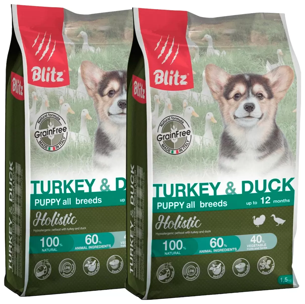 

Сухой корм для щенков BLITZ HOLISTIC GRAIN FREE PUPPY с индейкой и уткой, 2шт по 1,5кг