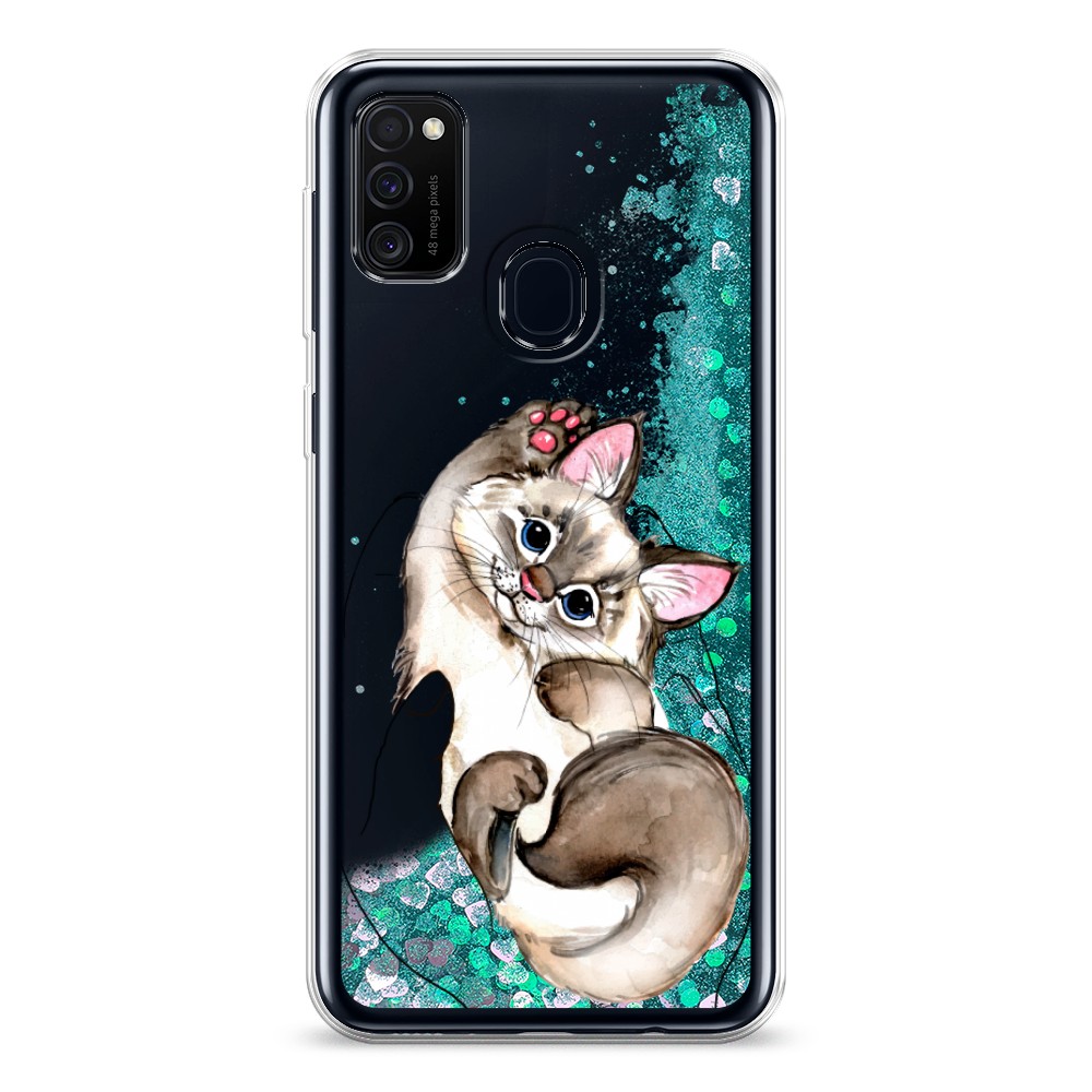 

Жидкий чехол с блестками "Котенок в ладошках" на Samsung Galaxy M21, 29795-1
