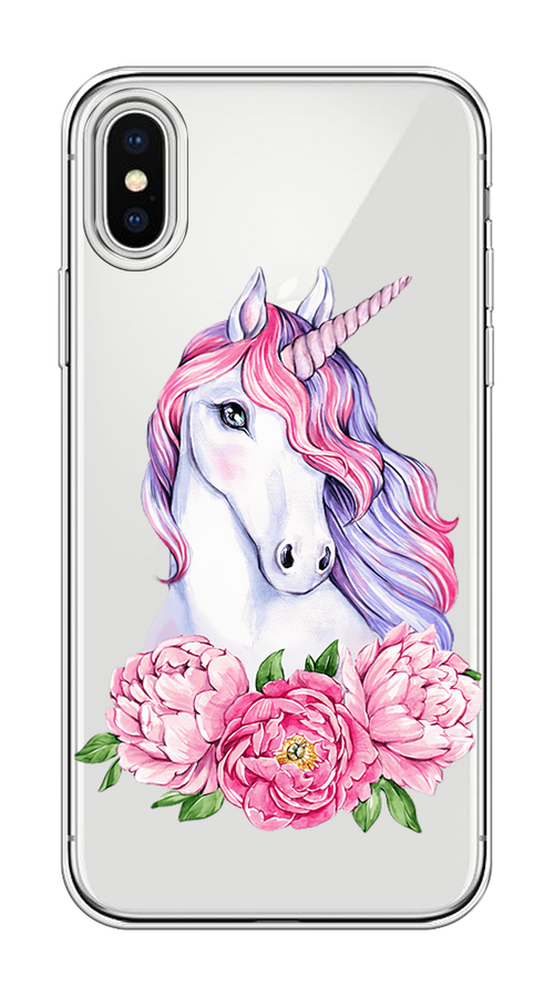 

Чехол на Apple iPhone X/XS "Единорог с пионами", Розовый;белый;зеленый, 11050-1
