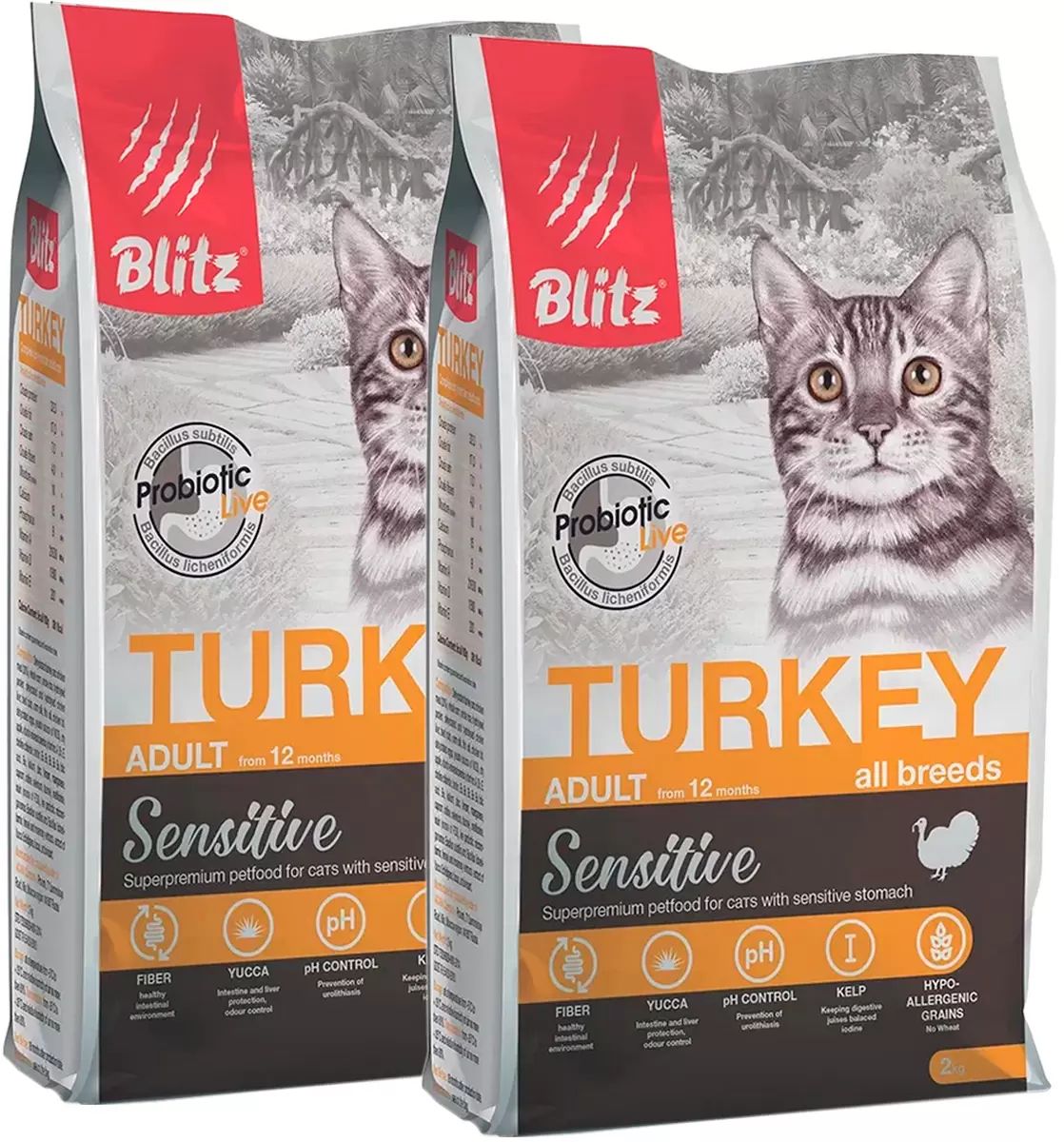 

Сухой корм для кошек BLITZ SENSITIVE ADULT CAT TURKEY с индейкой, 2шт по 2кг