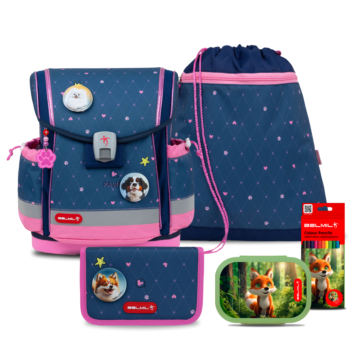 

Школьный ранец Belmil CLASSY PLUS Hearts с наполнением серия 405-78-A12-SET, Синий, CLASSY PLUS "Hearts" с наполнением