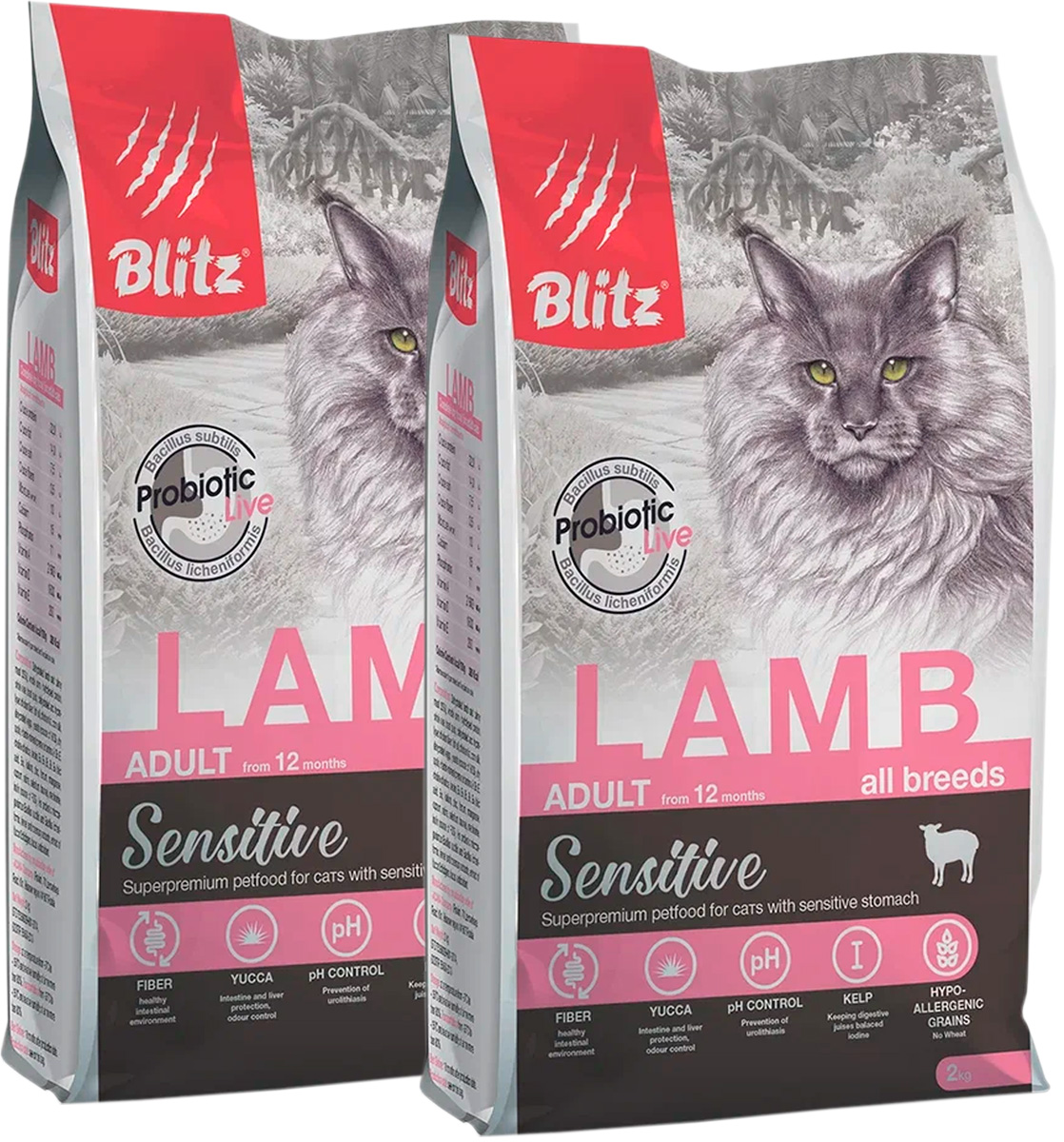 фото Сухой корм для кошек blitz sensitive adult cat lamb с ягненком, 2шт по 2кг