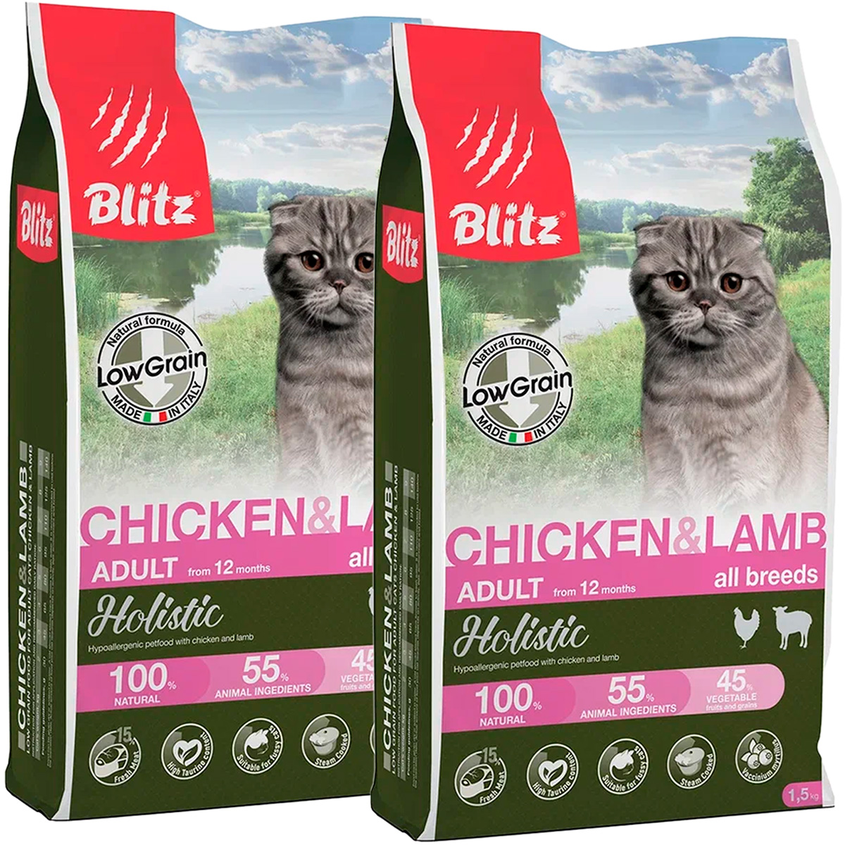 

Сухой корм для кошек BLITZ HOLISTIC LOW-GRAIN ADULT CAT, с курицей и ягненком 2шт по 1,5кг
