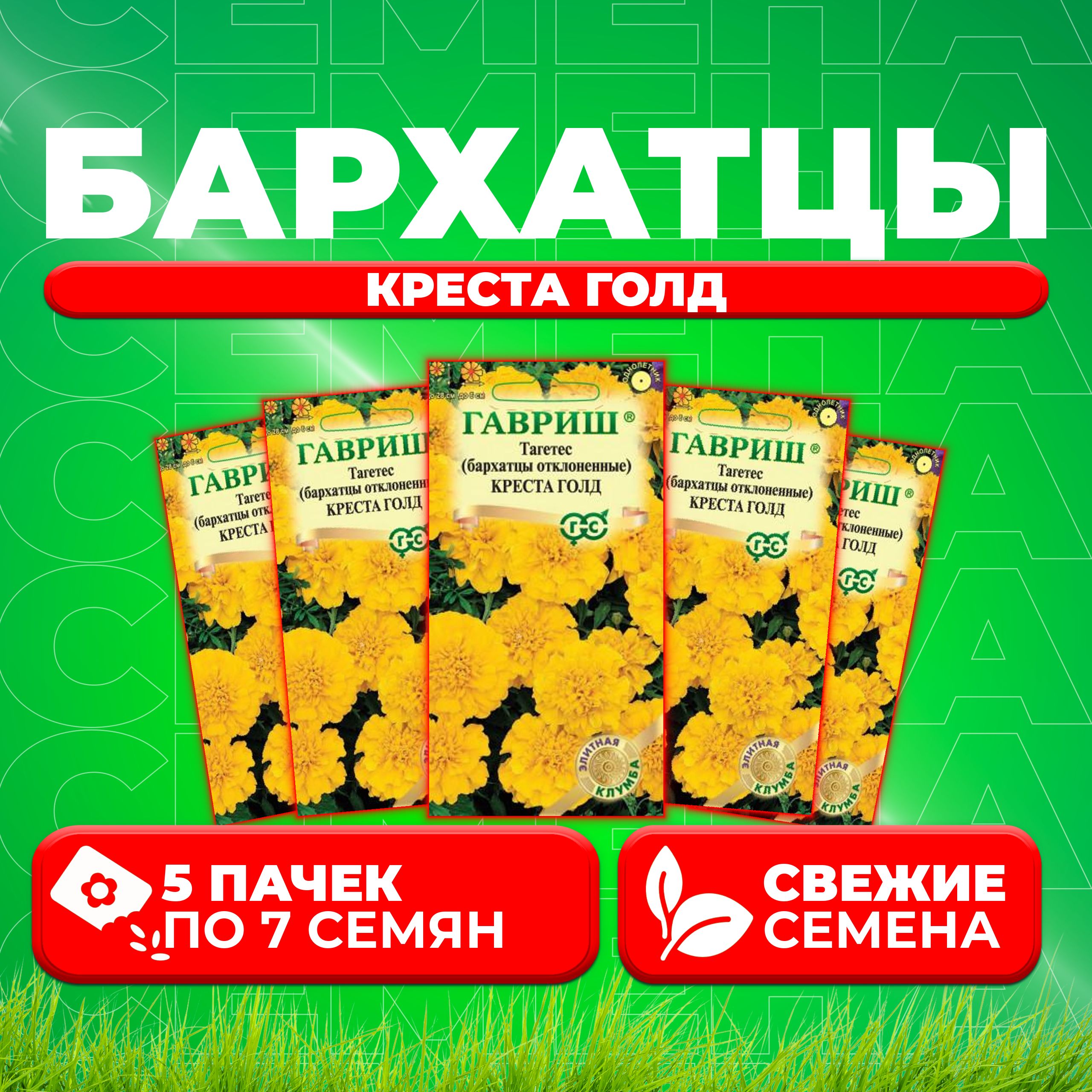 

Семена Бархатцы отклоненные Креста Голд, 7шт, Гавриш, Элитная клумба (5 уп)