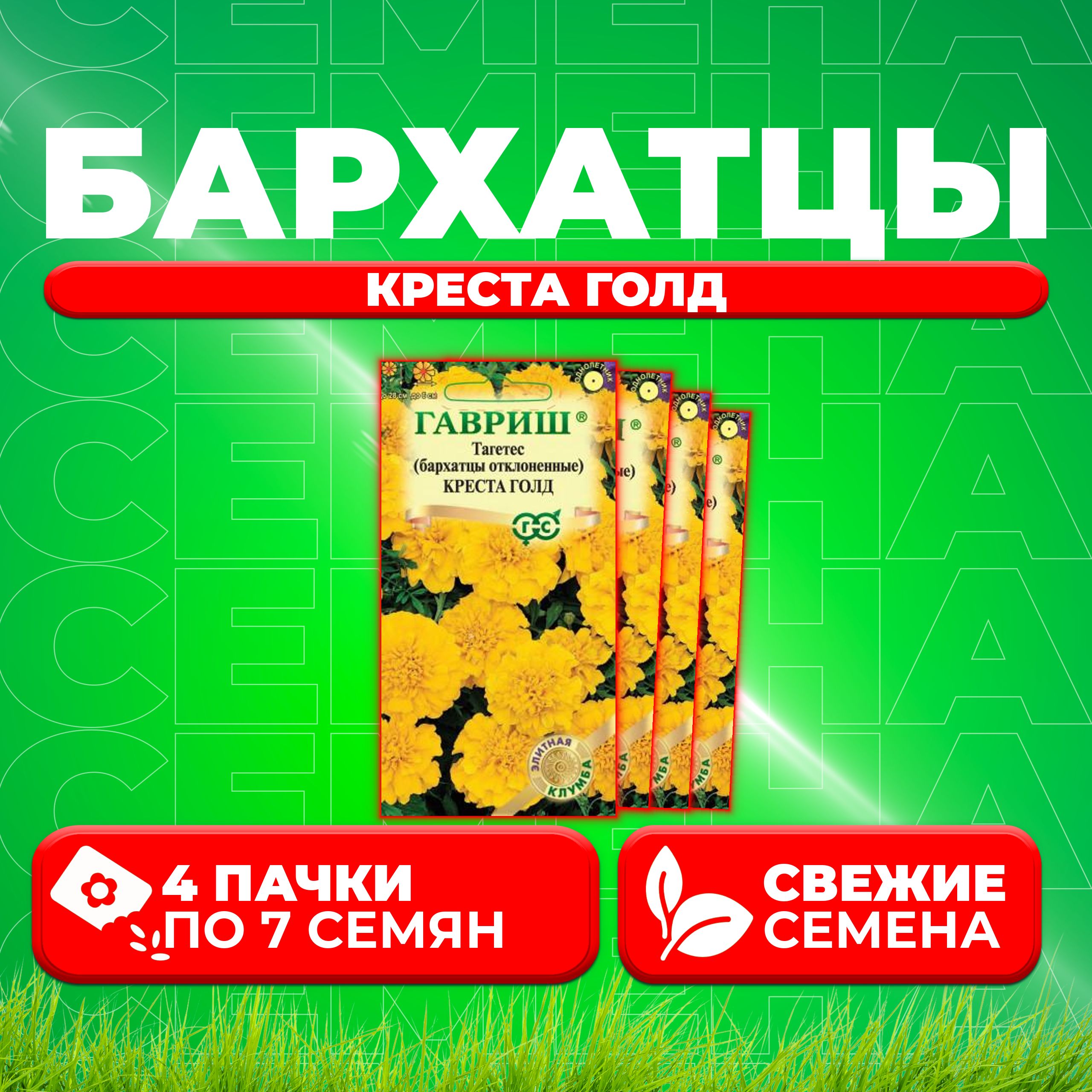 

Семена Бархатцы отклоненные (тагетес) Креста Голд, 7шт, Гавриш, Элитная клумба (4 уп)