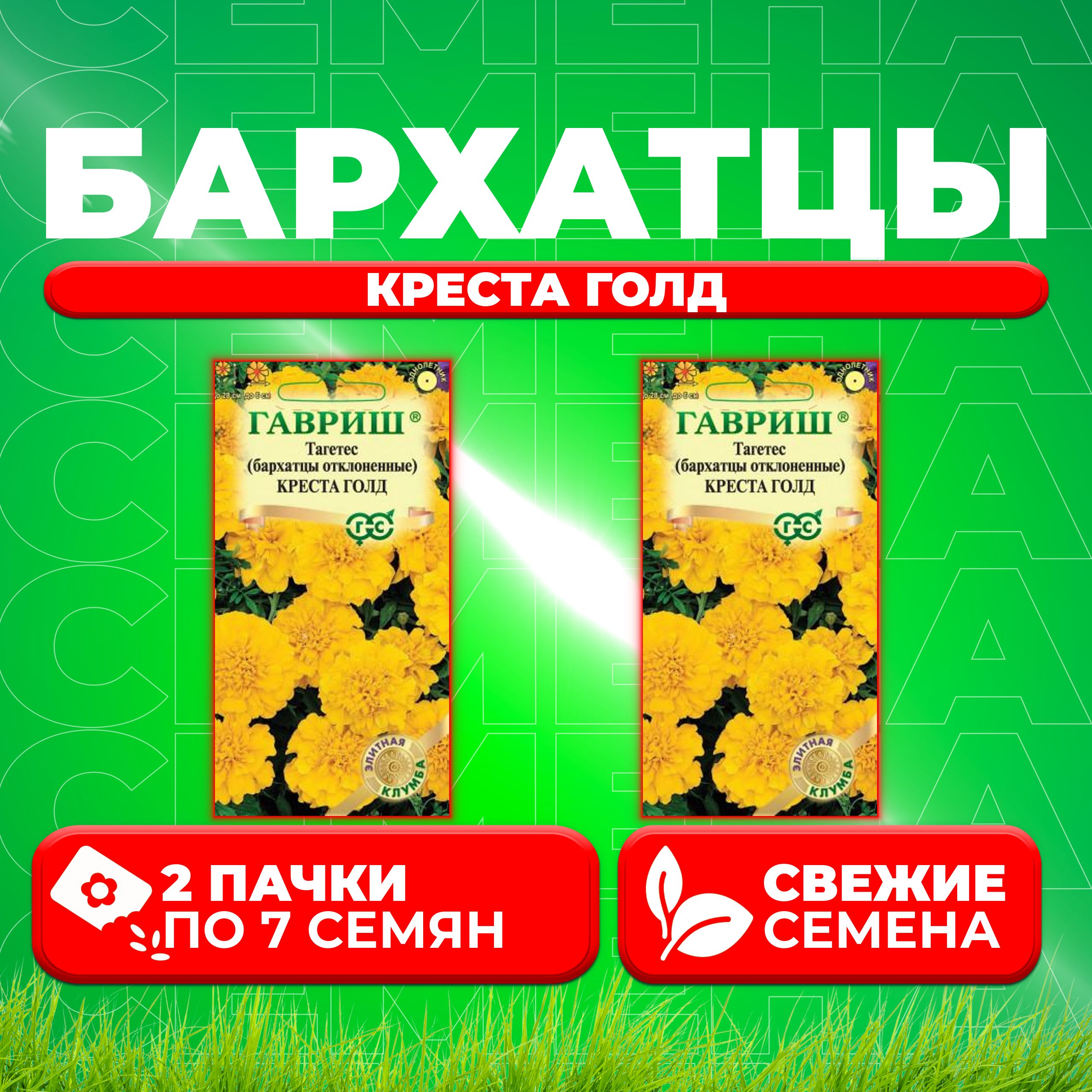 

Семена Бархатцы отклоненные (тагетес) Креста Голд, 7шт, Гавриш, Элитная клумба (2 уп)