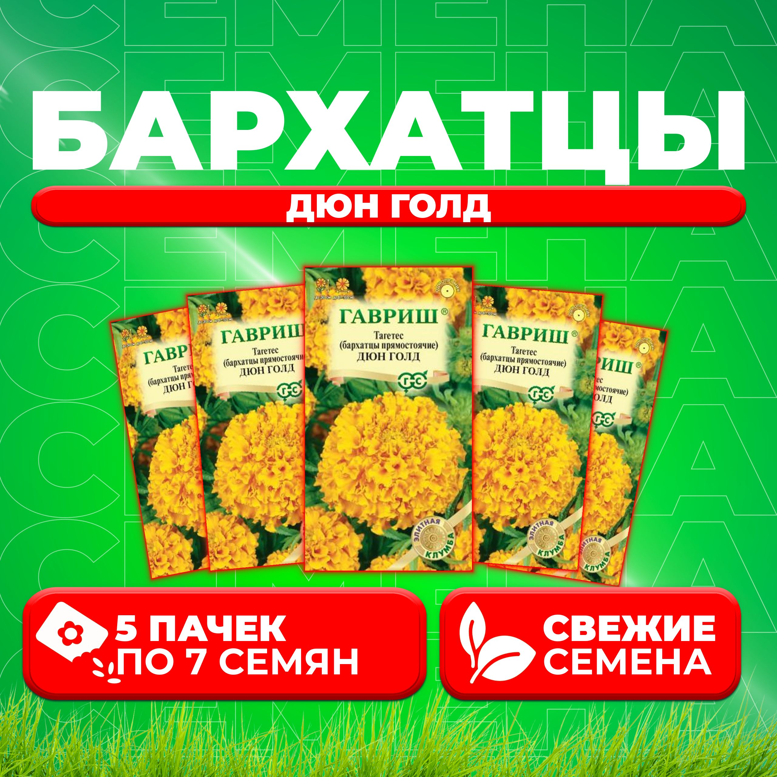 

Семена Бархатцы прямостоячие (тагетес) Дюн Голд, 7шт, Гавриш, Элитная клумба (5 уп)