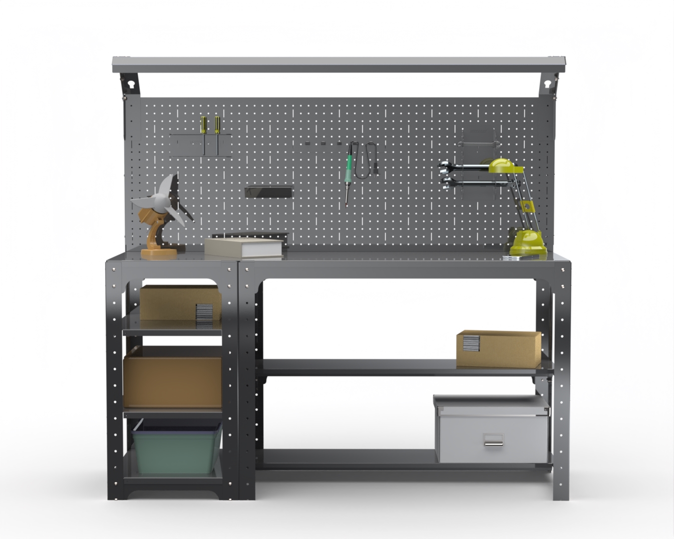 

Стол металлический Metalex серия KIT 750х1400х600 с бок. полк, перф. и освещ, серый