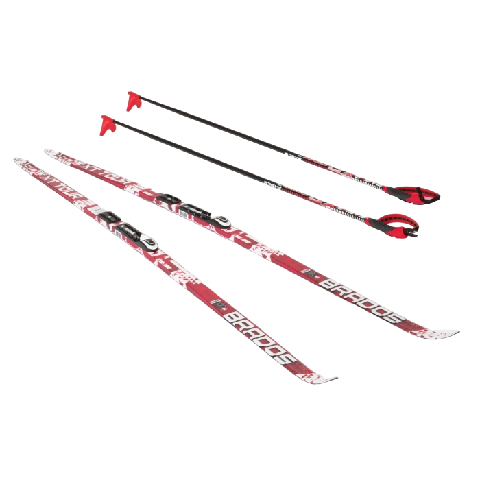 Комплект лыж STC X-tour с насечкой, палками, креплениями NNN Rottefella 185 см красный