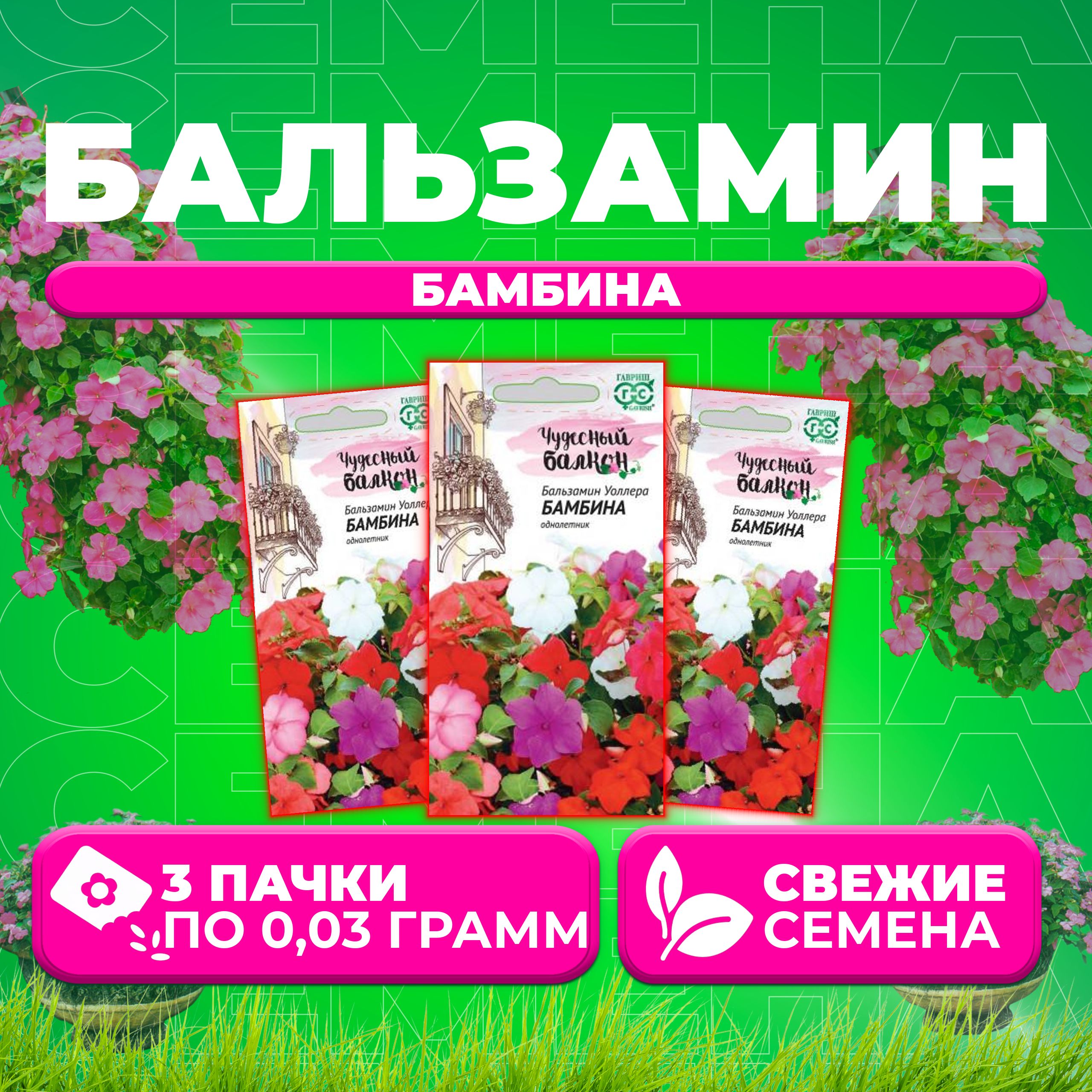 

Семена Бальзамин Уоллера Бамбина, смесь, 0,03г, Гавриш, Чудесный балкон (3 уп)
