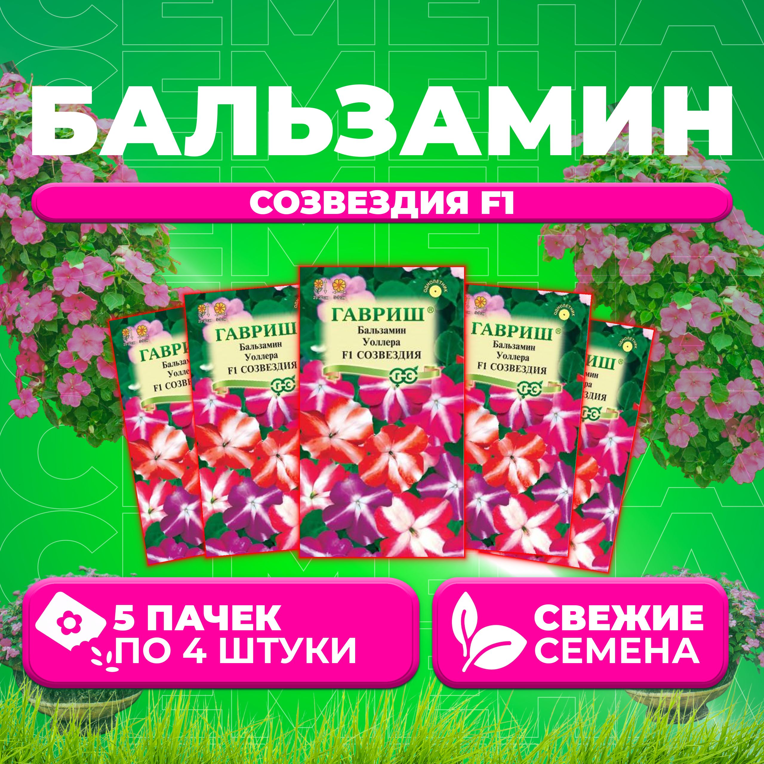 

Семена Бальзамин Уоллера Созвездия F1, смесь, 4шт, Гавриш, Цветочная коллекция (5 уп)