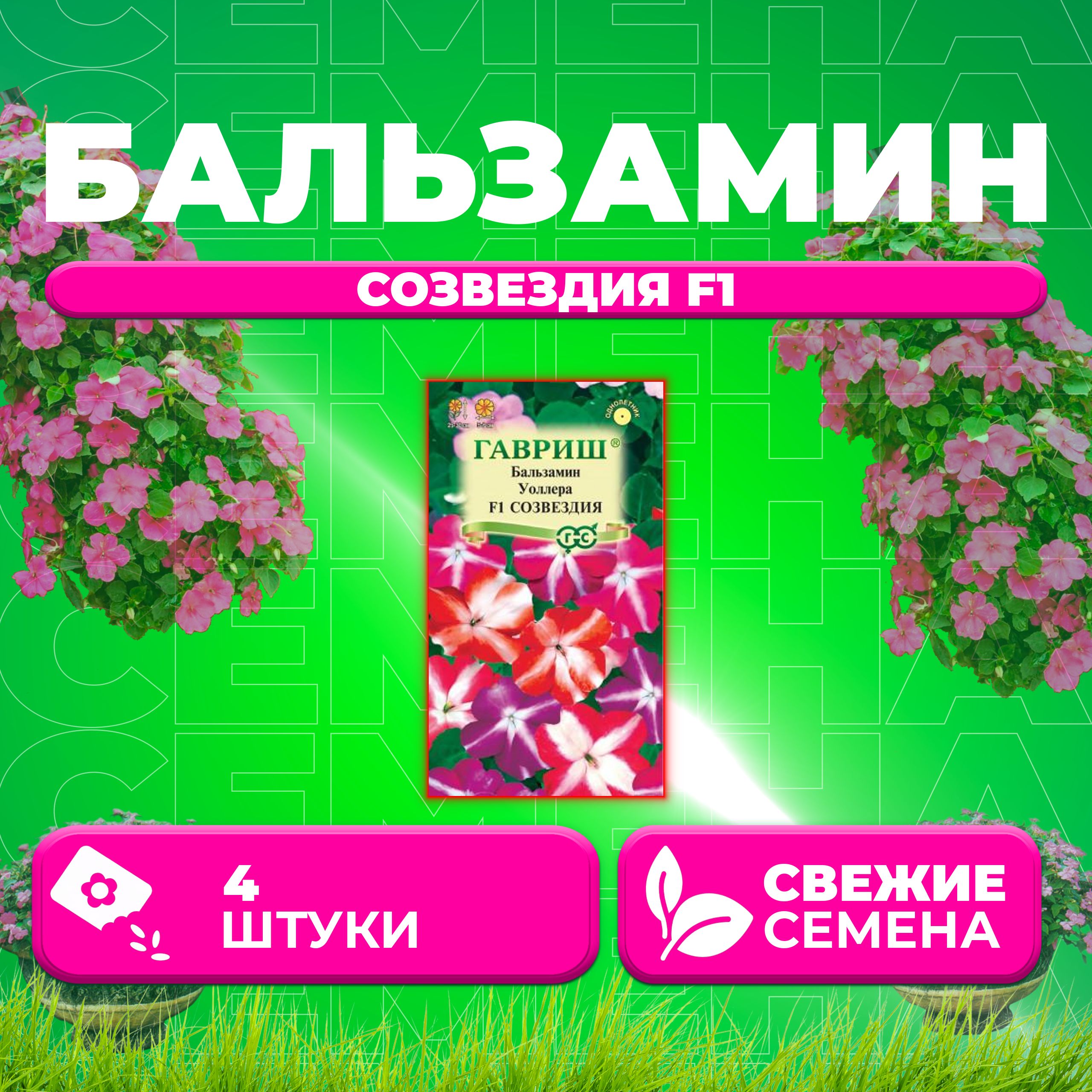 

Семена Бальзамин Уоллера Созвездия F1, смесь, 4шт, Гавриш, Цветочная коллекция (1 уп)