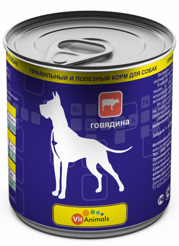 

Влажный корм для взрослых собак VitAnimals с говядиной, в консервах, 12 шт по 750 г