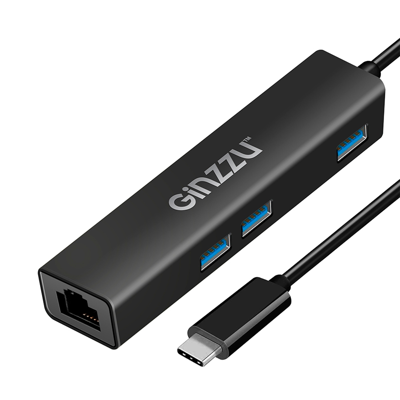 Разветвитель для компьютера USB Ginzzu GR-765UB USB Type-C - 3xUSB 3.0/RJ45 Black 17426