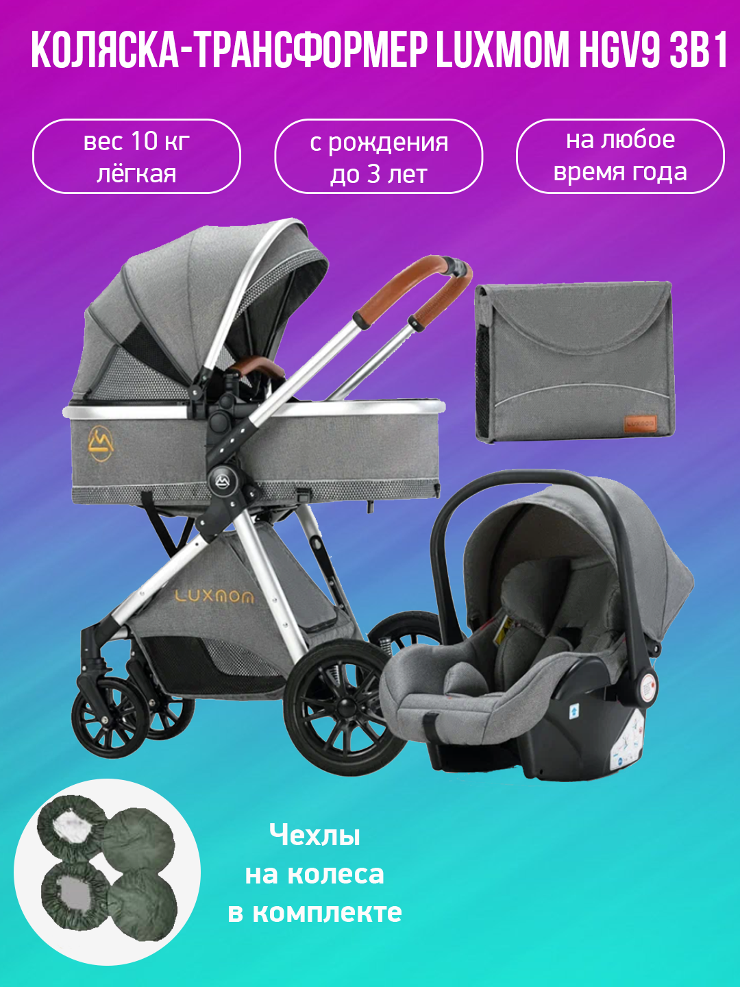 

Детская коляска-трансформер 3 в 1 Luxmom V9 серый с чехлами на колеса, V9
