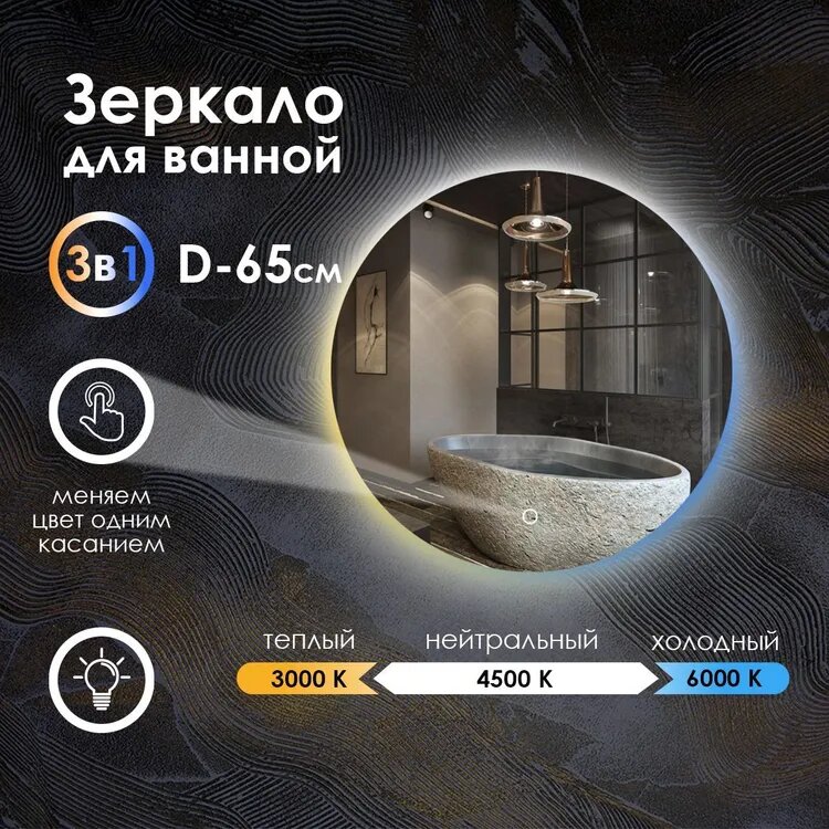 Зеркало для ванной Maskota Villanelle с контурной подсветкой 3в1,сенсор,диммер,IP44,65 см зеркало для ванной maskota villanelle с фронтальной по краю подсветкой 3в1 55 см