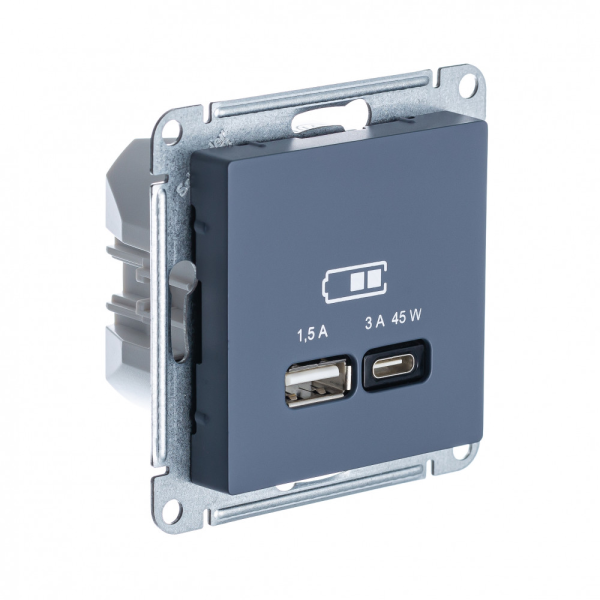 

USB Розетка A System Electric (Schneider Electric) AtlasDesign + тип-C 45W,ГРИФЕЛЬ, Серый, ATN000729