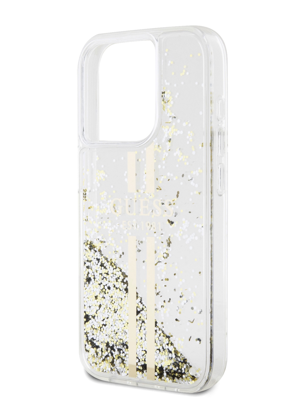 

Чехол Guess для iPhone 15 Pro с жидким гелем и золотыми блестками, прозрачный, Liquid Glitter