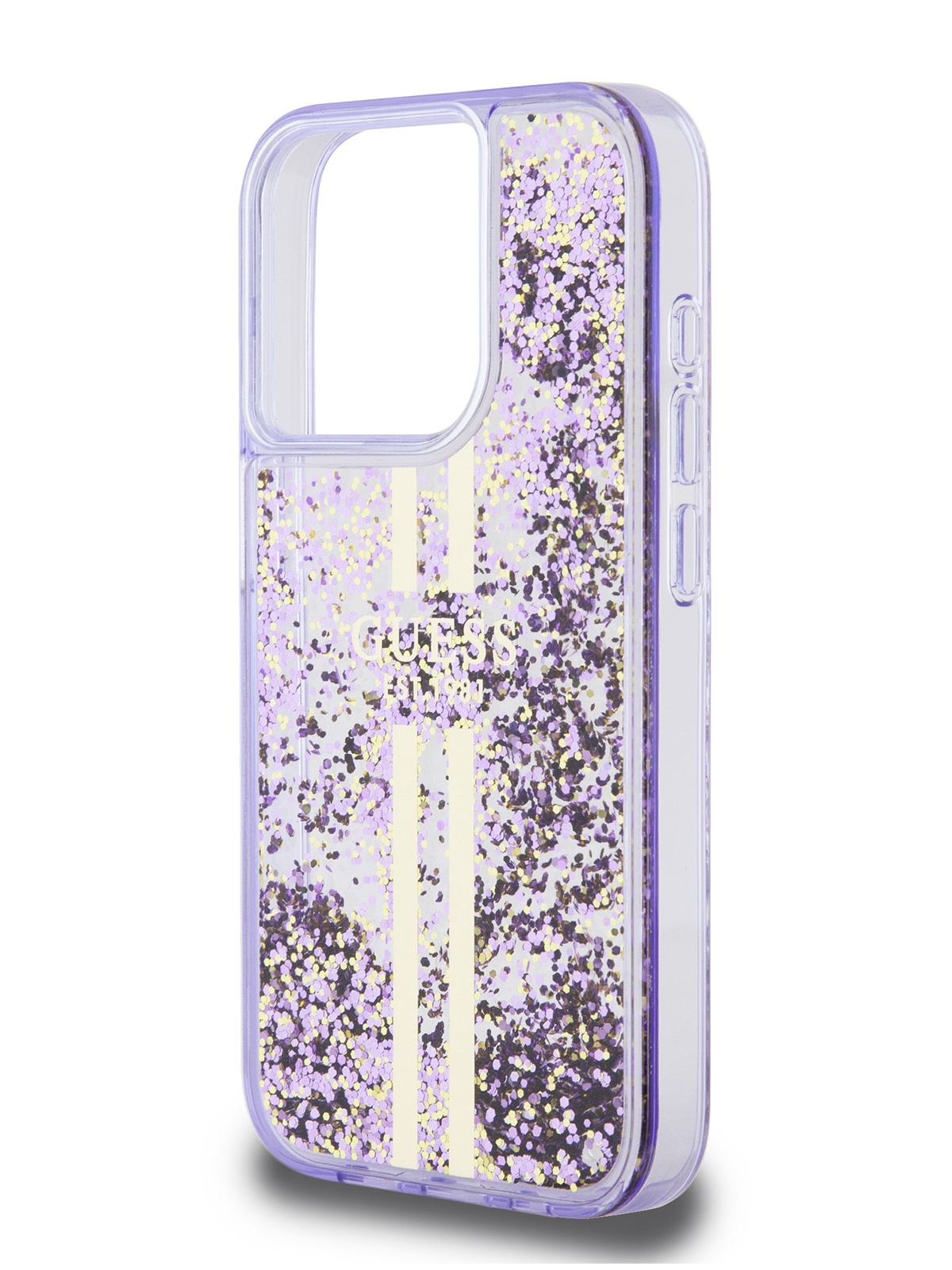 

Чехол Guess для iPhone 15 Pro с жидким гелем и золотыми блестками, фиолетовый, Liquid Glitter