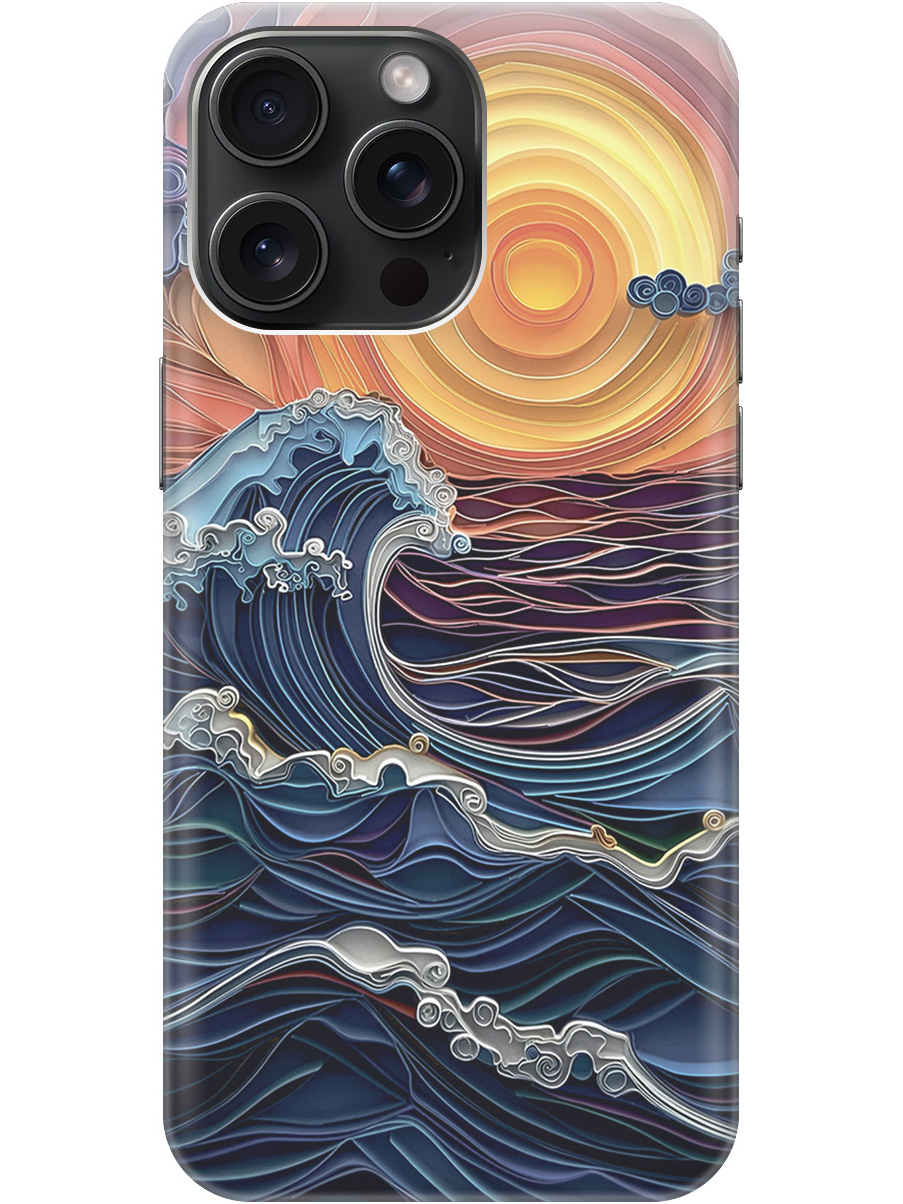 

Силиконовый чехол на Apple iPhone 15 Pro Max с принтом "Волны на закате", Прозрачный;оранжевый;синий, 775148110