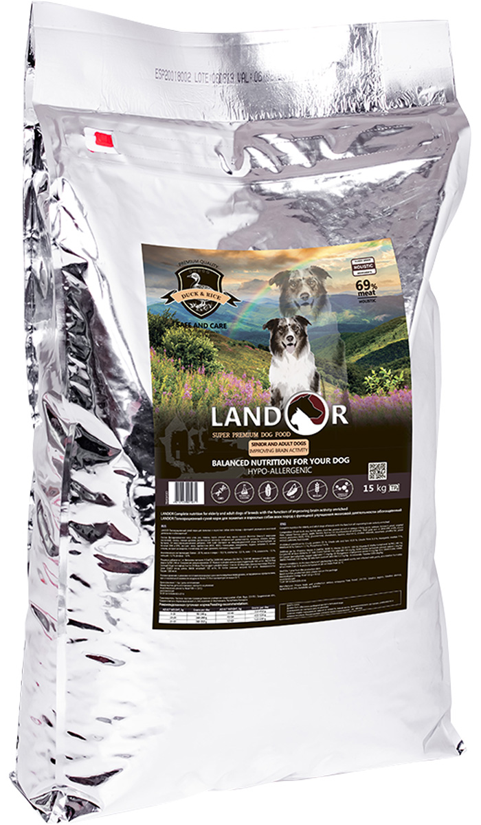 фото Сухой корм для собак landor senior and adult улучшение мозговой деятельности утка рис 15кг